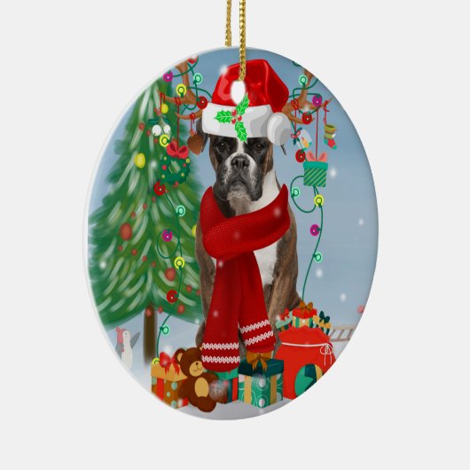 Boxer Dog in sneeuw met kerstcadeaus Keramisch Ornament (Rechts)