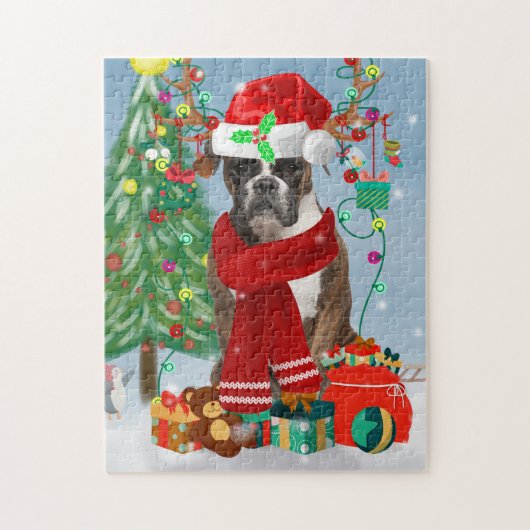 Boxer Dog in sneeuw met kerstcadeaus Legpuzzel (Verticaal)