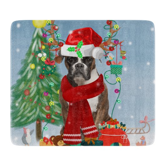 Boxer Dog in sneeuw met kerstcadeaus Snijplank (Voorkant)