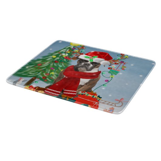 Boxer Dog in sneeuw met kerstcadeaus Snijplank (Hoek)