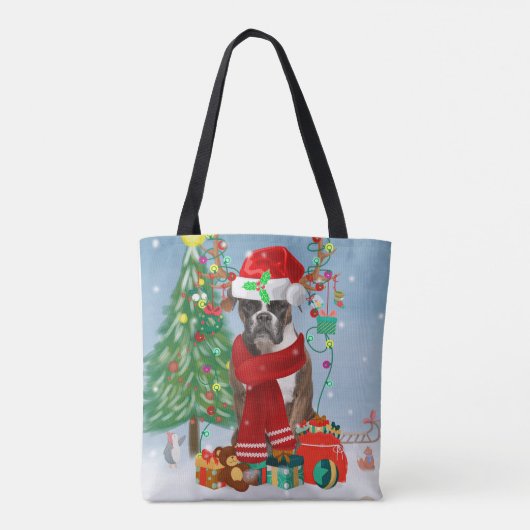 Boxer Dog in sneeuw met kerstcadeaus Tote Bag (Achterkant)