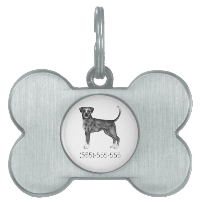 Boxer Dog in zwart-wit en aangepast telefoonnummer Huisdieren Naamplaatje (voorkant)