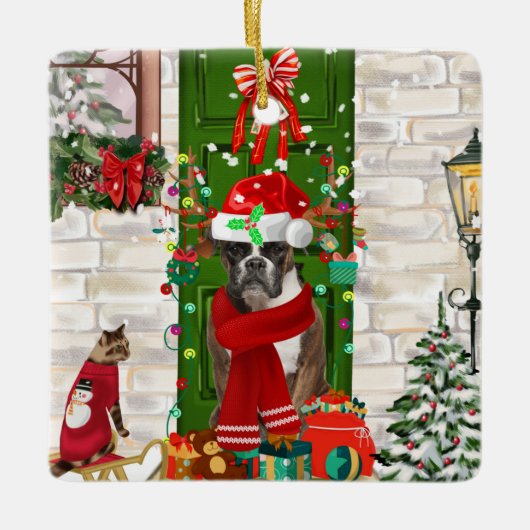 Boxer Dog Kerstmis Keramisch Ornament (Voorkant)