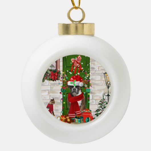 Boxer Dog Kerstmis Keramische Bal Ornament (Voorkant)