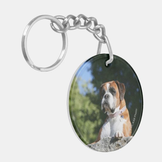 Boxer Dog Laying on a Rock Sleutelhanger (Voorkant Links)