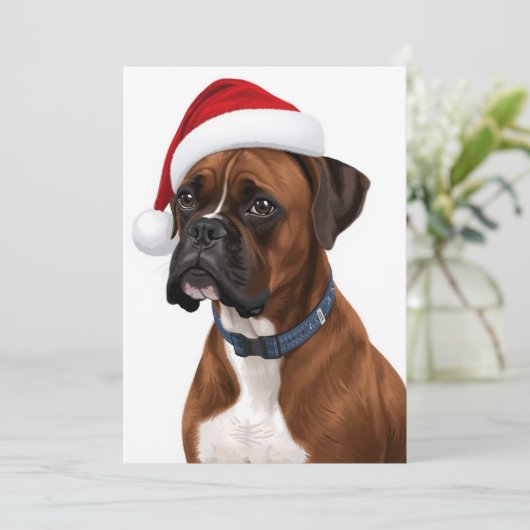 Boxer Dog Merry Christmas Santa Hat Art Feestdagenkaart (Staand voorkant)