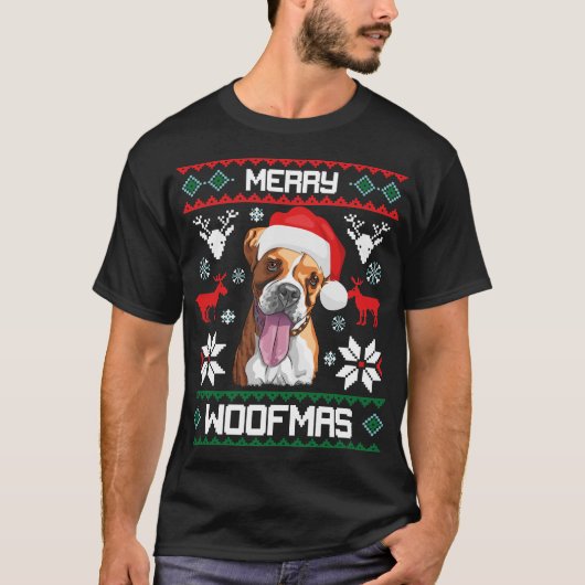 Boxer Dog Merry Woofmas kerstcadeau T-shirt (Voorkant)