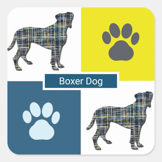 Boxer Dog & Paw Y&B Grid Square Sticker (Voorkant)