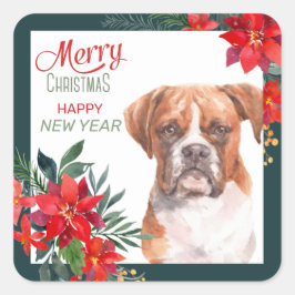 Boxer Dog Poinsettia Border Kerstmis Vierkante Sticker
