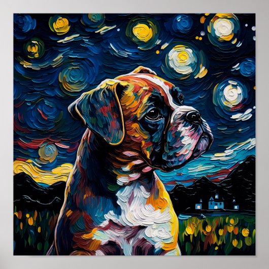 Boxer Dog Puppy Sterrennacht Van Gogh Style Poster (Voorkant)