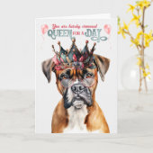 Boxer Dog Queen voor een Dag Funny Birthday Kaart (Gele Bloem)