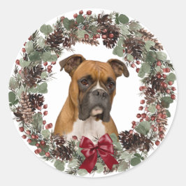 Boxer Dog Red Bow Pinecone Wreater Kerstmis Ronde Sticker