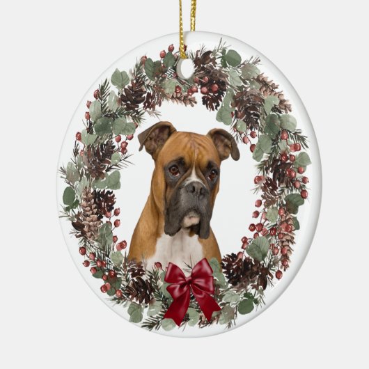 Boxer Dog Red Bow Pinecone Wreath Personalized Keramisch Ornament (Links)