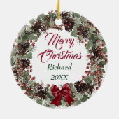 Boxer Dog Red Bow Pinecone Wreath Personalized Keramisch Ornament (Achterkant)