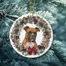 Boxer Dog Red Bow Pinecone Wreath Personalized