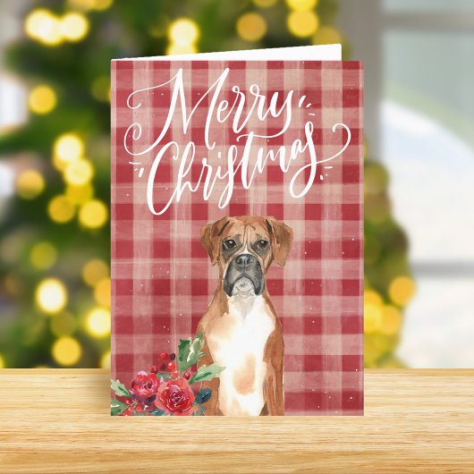 Boxer Dog Red Plaid Kerstmis Feestdagen Kaart