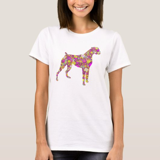 Boxer Dog silhouette T-shirt met bloempatroon (Voorkant)