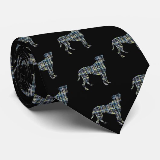 Boxer Dog Yellow & Blue Grid Lines Black Stropdas (Opgerold)