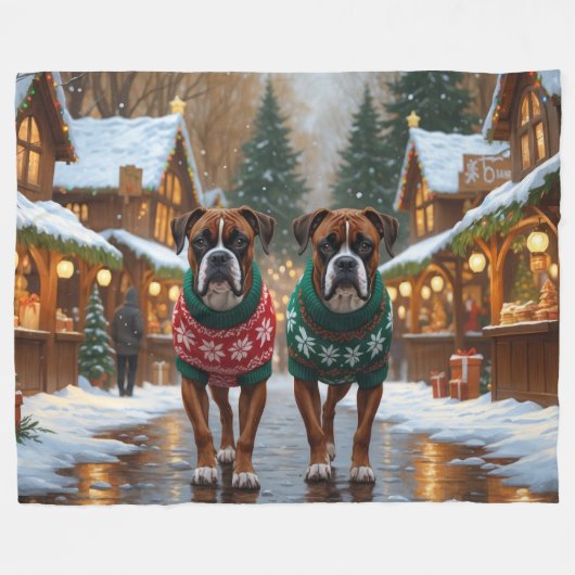 Boxer Dogs Christmas Snow Holiday  Fleece Deken (Voorkant (Horizontaal))