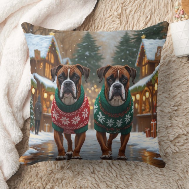 Boxer Dogs Christmas Snow Holiday  Kussen (Deken)