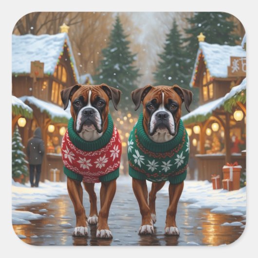 Boxer Dogs Christmas Snow Holiday  Vierkante Sticker (Voorkant)