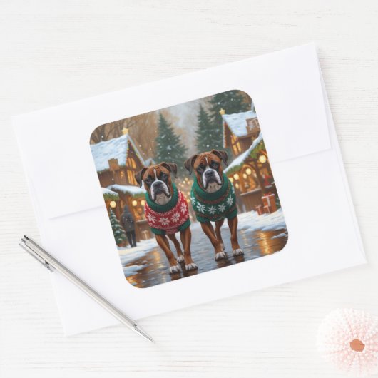 Boxer Dogs Christmas Snow Holiday  Vierkante Sticker (Envelop)