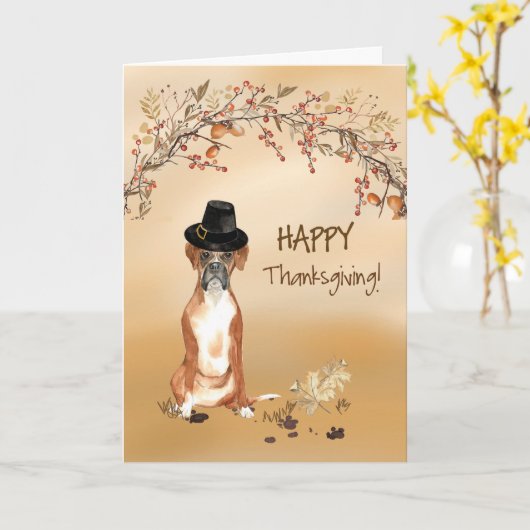 Boxer Funny Pilgrim Pet Thanksgiving Kaart (Gele Bloem)