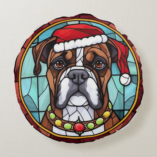 Boxer Gebrandschilderd Glas Kerstmis Rond Kussen (Achterkant)