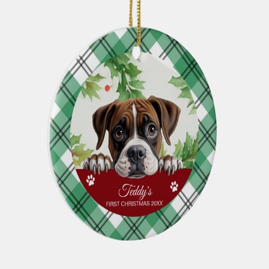 Boxer gepersonaliseerde eerste kerst keramisch ornament (Rechts)