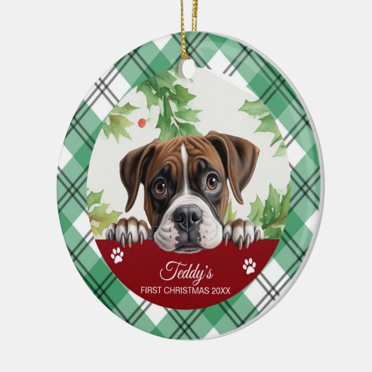 Boxer gepersonaliseerde eerste kerst keramisch ornament (Links)