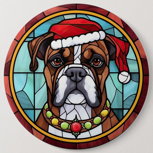 Boxer Glas in lood Kerst Ronde Button 6,0 Cm (Voorkant)