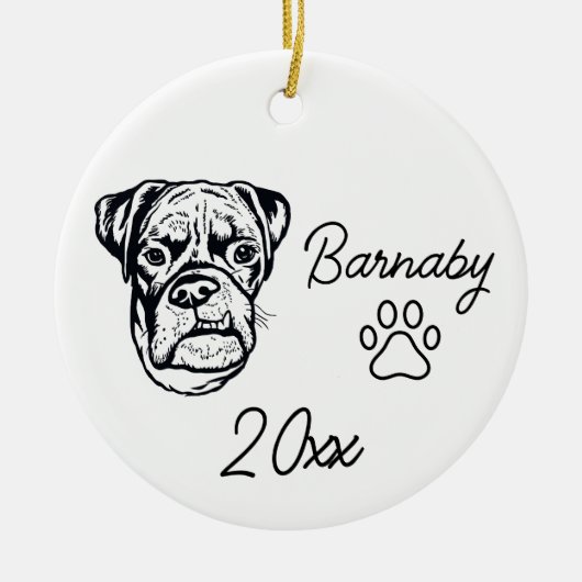 Boxer Hond Custom Naam & Jaar Lijn Kunst Keramisch Ornament (Voorkant)