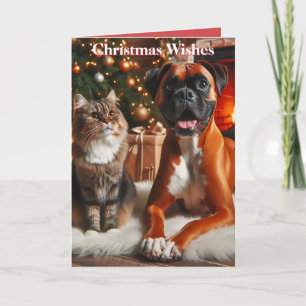 Boxer Hond en Kat Kerstmis Feestdagen Kaart