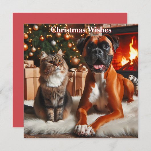 Boxer Hond en Kat Kerstmis Feestdagenkaart (Voorkant / Achterkant)