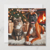 Boxer Hond en Kat Kerstmis Feestdagenkaart (Voorkant)