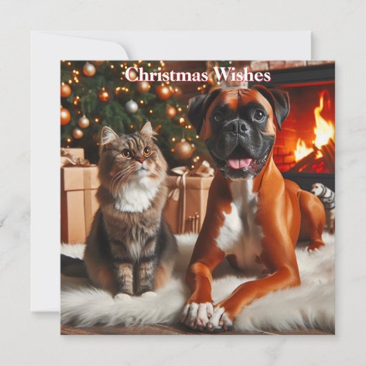 Boxer Hond en Kat Kerstmis Feestdagenkaart (Voorkant)