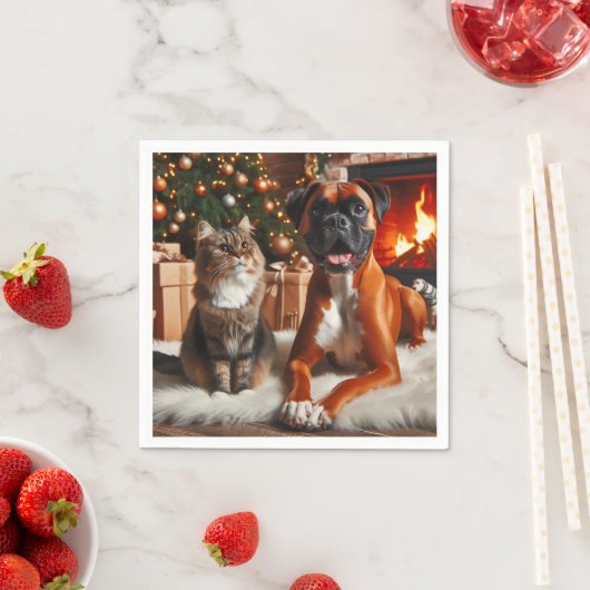 Boxer Hond en Kat Kerstmis Servet (Insitu)
