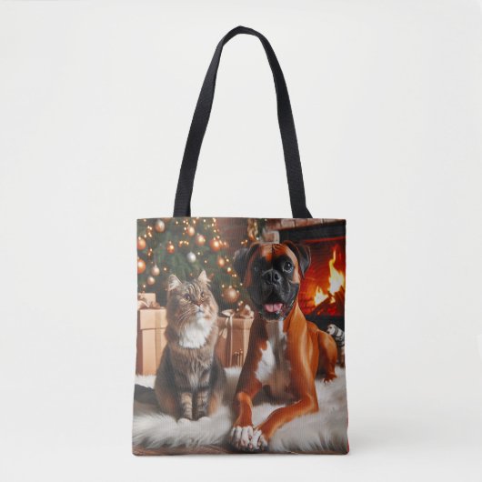 Boxer Hond en Kat Kerstmis Tote Bag (Voorkant)