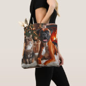Boxer Hond en Kat Kerstmis Tote Bag (Dichtbij)