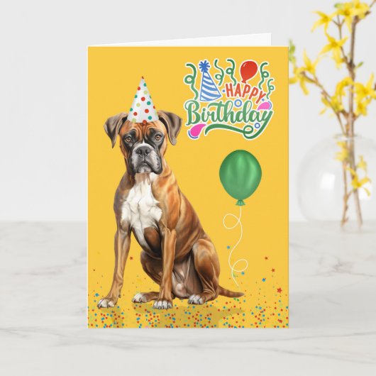 Boxer Hond Feesthoed Geel Verjaardag Kaart (Gele Bloem)