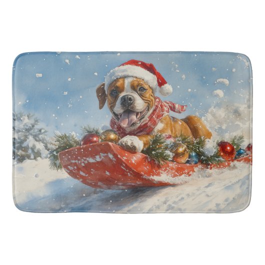 Boxer Hond in Sledge Laat het Sneeuw Kerstmis Badmat (Voorkant)