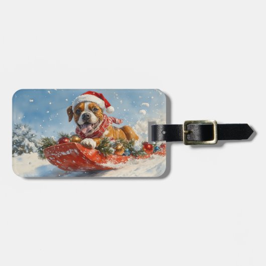 Boxer Hond in Sledge Laat het Sneeuw Kerstmis Bagagelabel (Voorkant horizontaal)