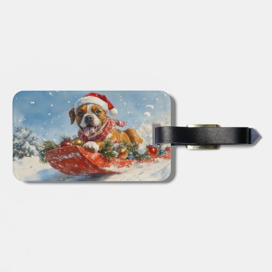 Boxer Hond in Sledge Laat het Sneeuw Kerstmis Bagagelabel (Achterkant horizontaal)