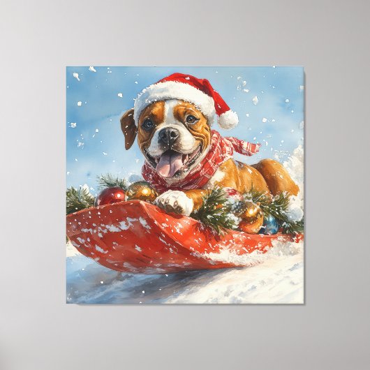 Boxer Hond in Sledge Laat het Sneeuw Kerstmis Canvas Afdruk (Voorkant)