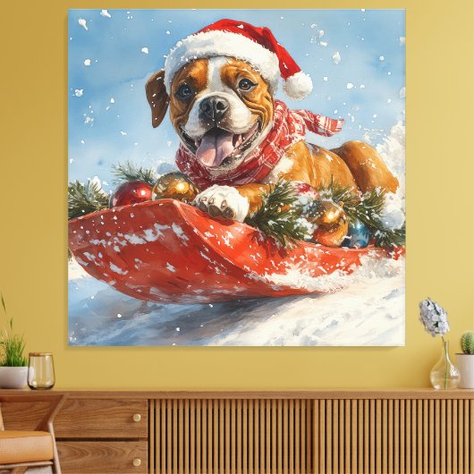 Boxer Hond in Sledge Laat het Sneeuw Kerstmis Canvas Afdruk (Insitu (Woonkamer))