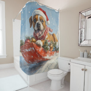 Boxer Hond in Sledge Laat het Sneeuw Kerstmis Douchegordijn
