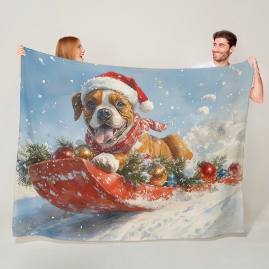 Boxer Hond in Sledge Laat het Sneeuw Kerstmis Fleece Deken (In situ)