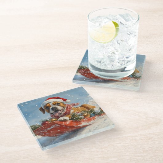 Boxer Hond in Sledge Laat het Sneeuw Kerstmis Glazen Onderzetter (Schuin)