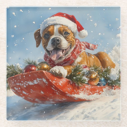 Boxer Hond in Sledge Laat het Sneeuw Kerstmis Glazen Onderzetter (Voorkant)