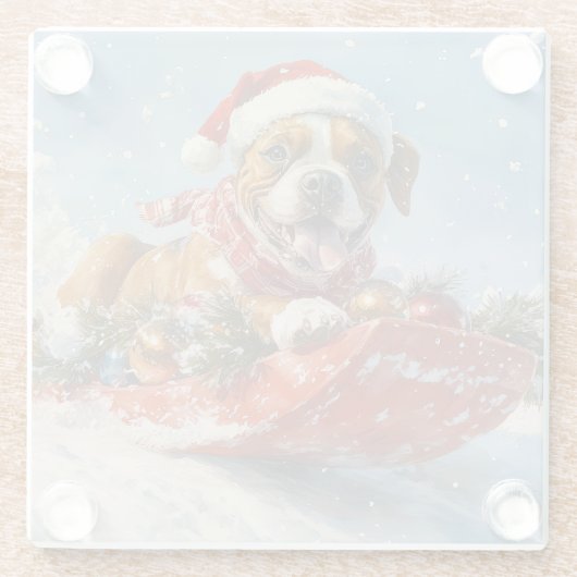 Boxer Hond in Sledge Laat het Sneeuw Kerstmis Glazen Onderzetter (Achterkant)